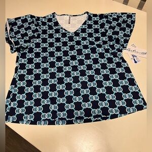 Lulu-B UPF 50 Cooling Fabric Short Sleeve V-Neck Top Chain Link Navy Blue XL NWT